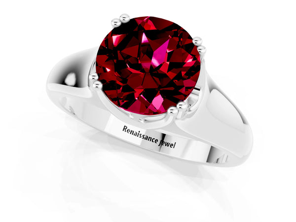 White gold Round Cut Garnet Solitaire Ring with Wide Band and Prong Setting