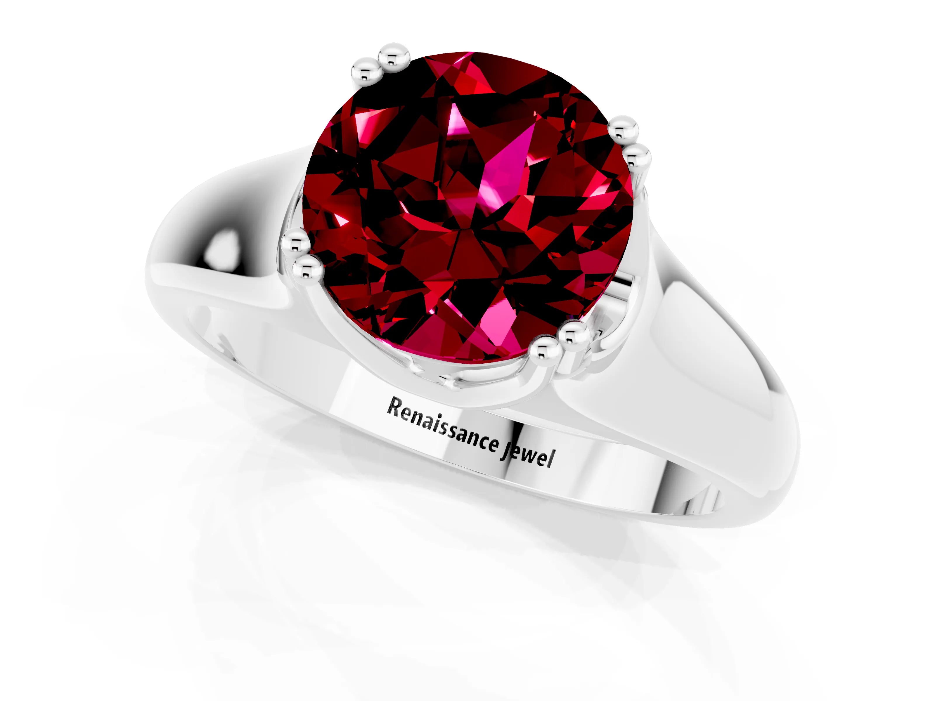 White gold Round Cut Garnet Solitaire Ring with Wide Band and Prong Setting_1