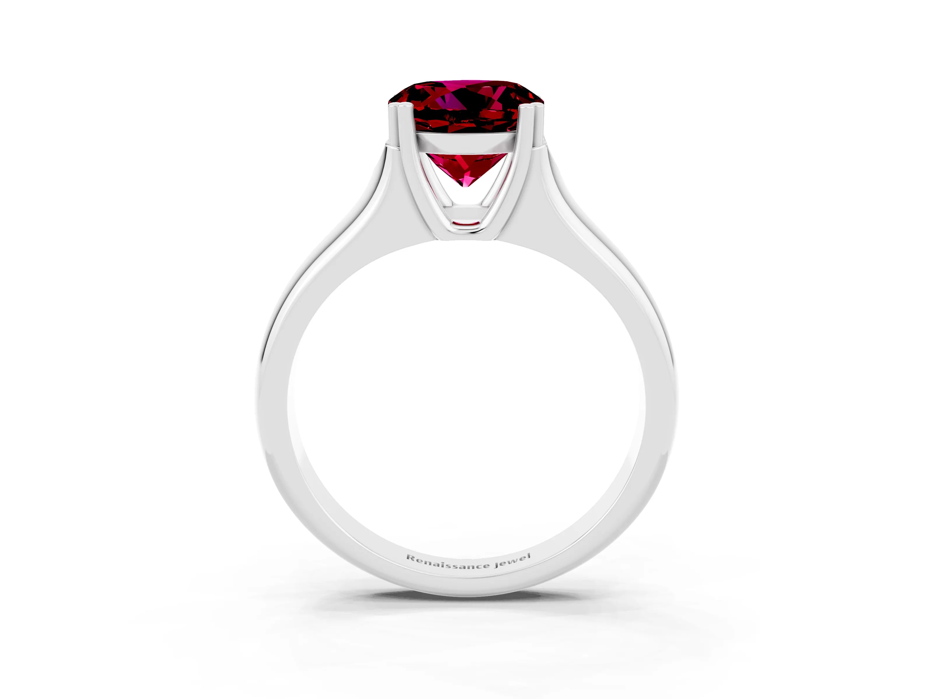 White gold Round Cut Garnet Solitaire Ring with Wide Band and Prong Setting_3