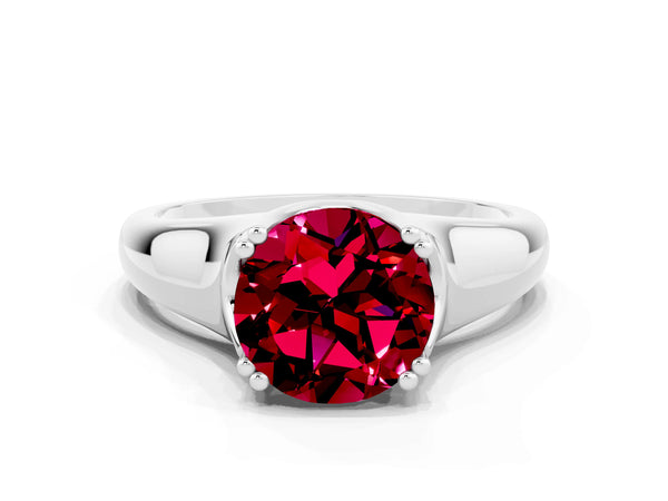 Silver Round Cut Garnet Solitaire Ring with Wide Band and Prong Setting