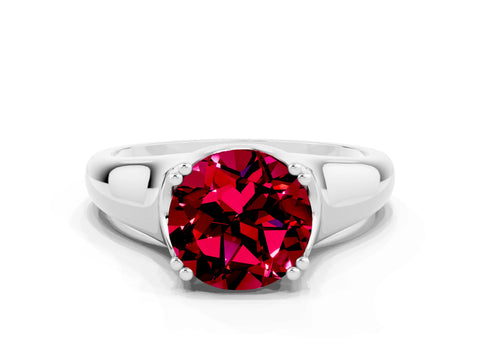 White gold Round Cut Garnet Solitaire Ring with Wide Band and Prong Setting
