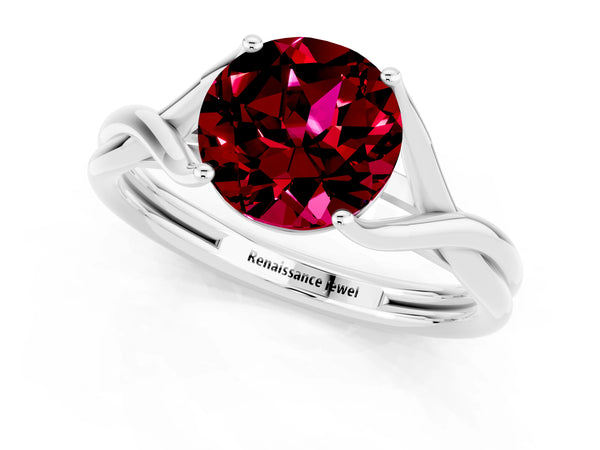 White gold Round Cut Garnet Solitaire Twist Band Prong Setting Ring