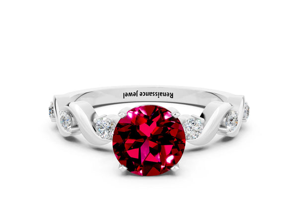 White gold Round Cut Garnet Solitaire Twisted Band with Round  Accents and Prong Setting