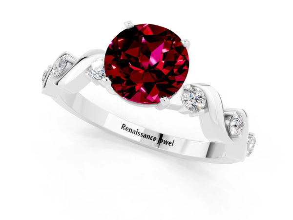 Silver Round Cut Garnet Solitaire Twisted Band with Round  Accents and Prong Setting
