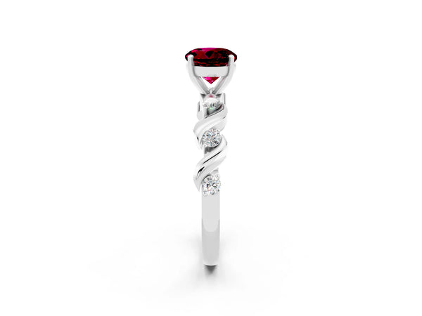 Silver Round Cut Garnet Solitaire Twisted Band with Round  Accents and Prong Setting