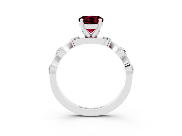 White gold Round Cut Garnet Solitaire Twisted Band with Round  Accents and Prong Setting