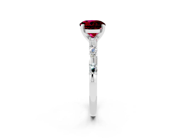 White gold Round Cut Garnet Solitaire with Side Baguettes and Channel Set Band