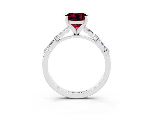 Platinum Round Cut Garnet Solitaire with Side Baguettes and Channel Set Band