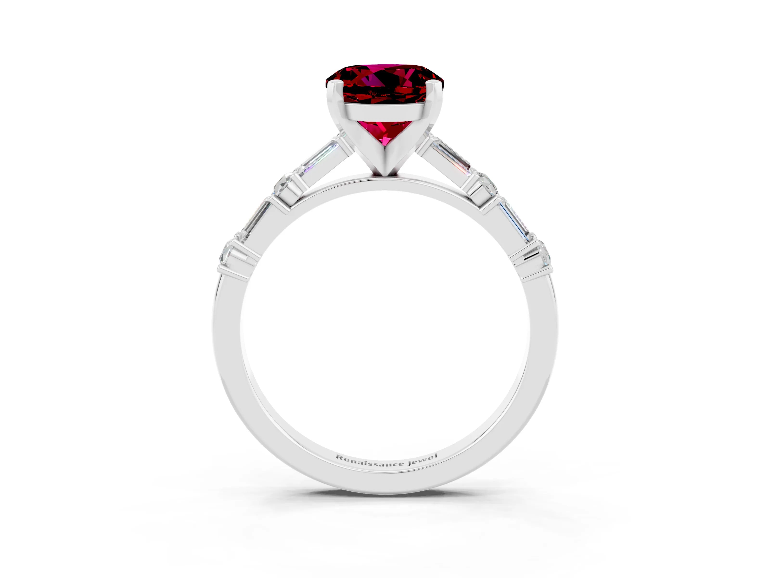 White gold Round Cut Garnet Solitaire with Side Baguettes and Channel Set Band_3