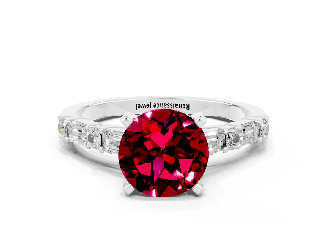 White gold Round Cut Garnet Solitaire with Side Baguettes and Channel Set Band