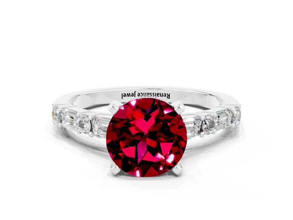 White gold Round Cut Garnet Solitaire with Side Baguettes and Channel Set Band