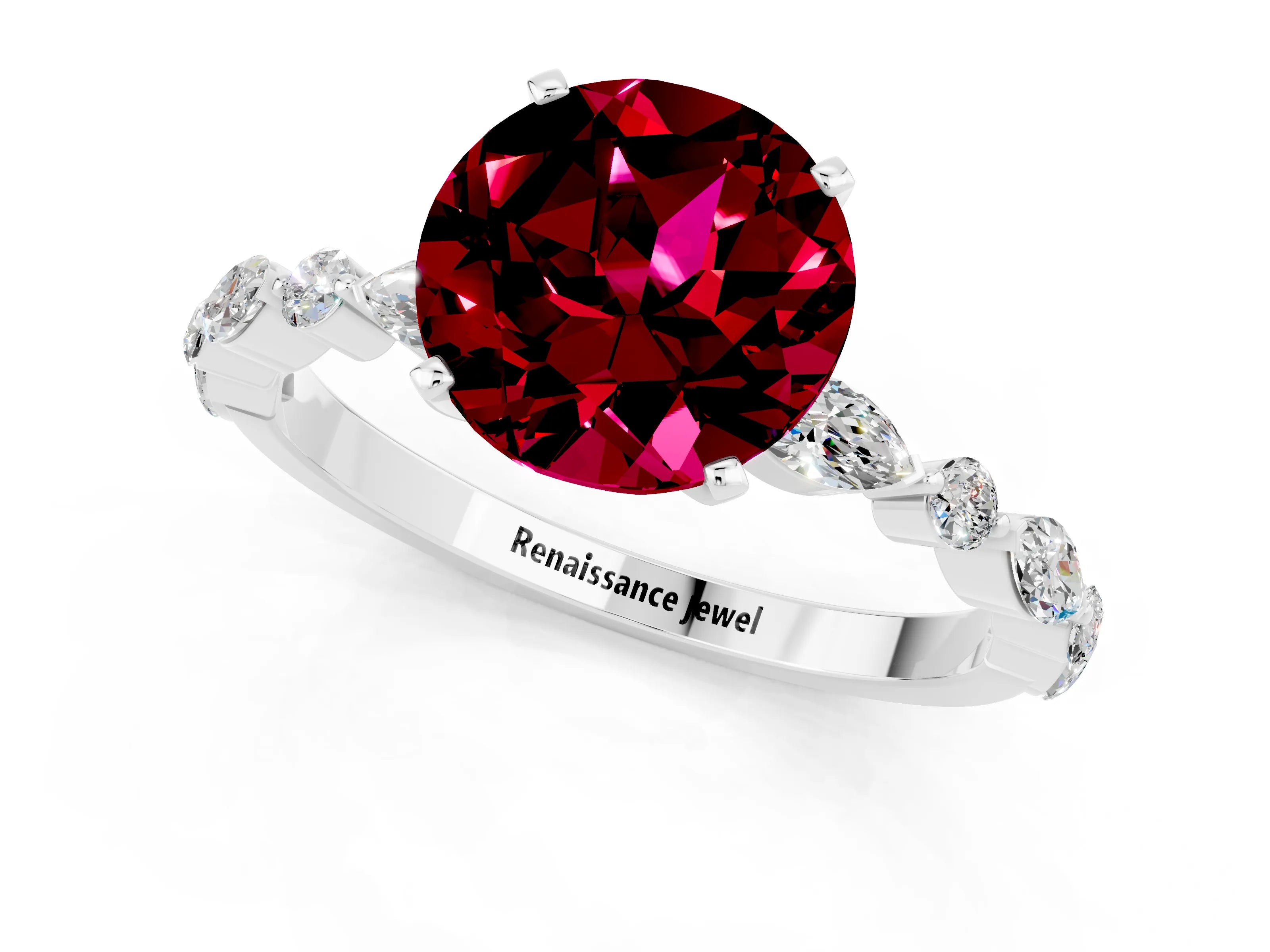 White gold Round Cut Garnet Solitaire with Side Stones on a Pavé Band and Four-Prong Setting_1