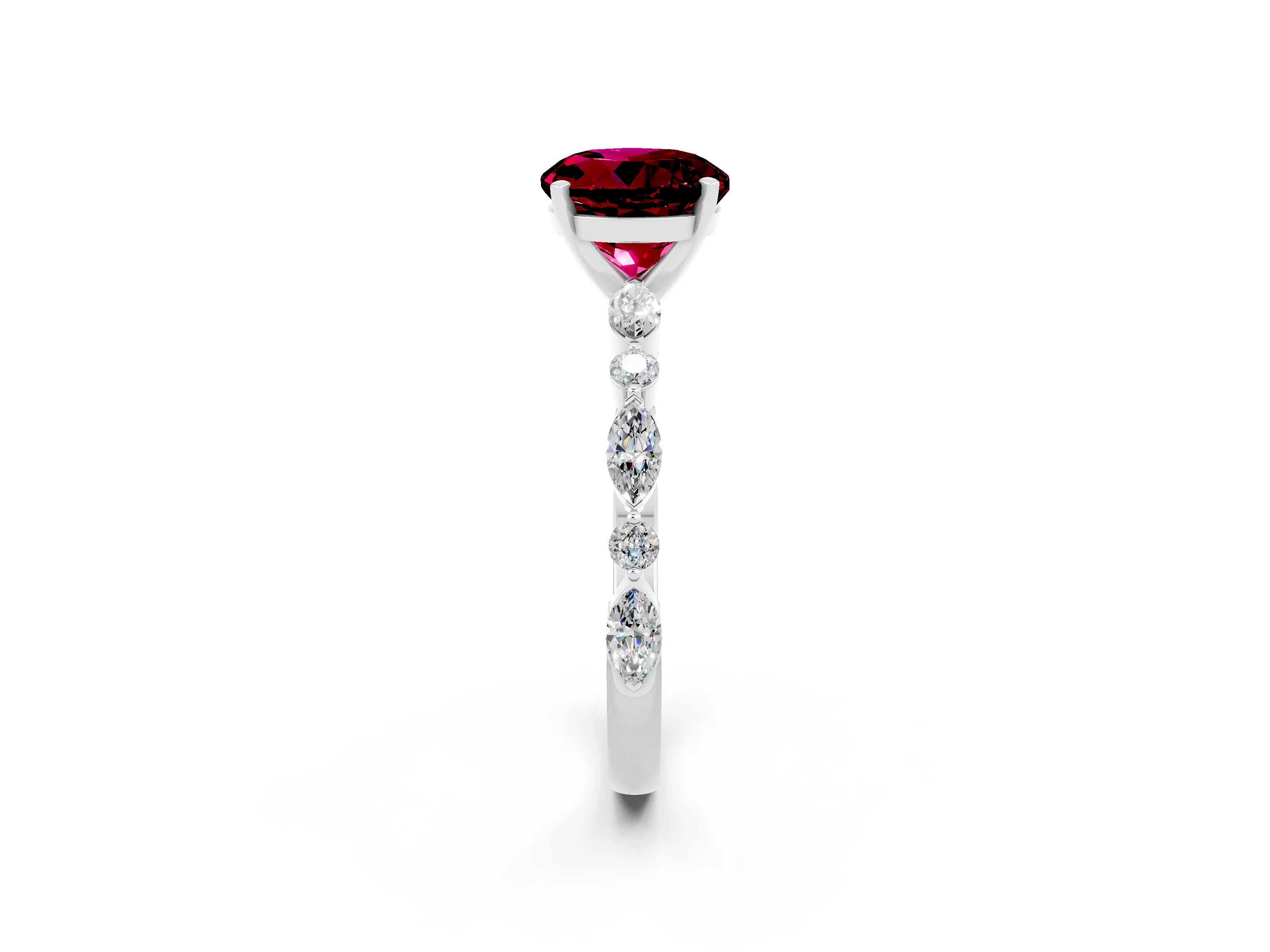 White gold Round Cut Garnet Solitaire with Side Stones on a Pavé Band and Four-Prong Setting_2