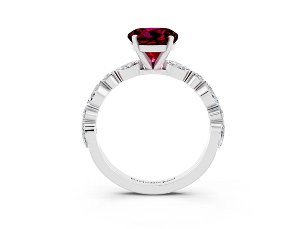 Platinum Round Cut Garnet Ring with Marquise and Round  Side Stones and Four-Prong Setting