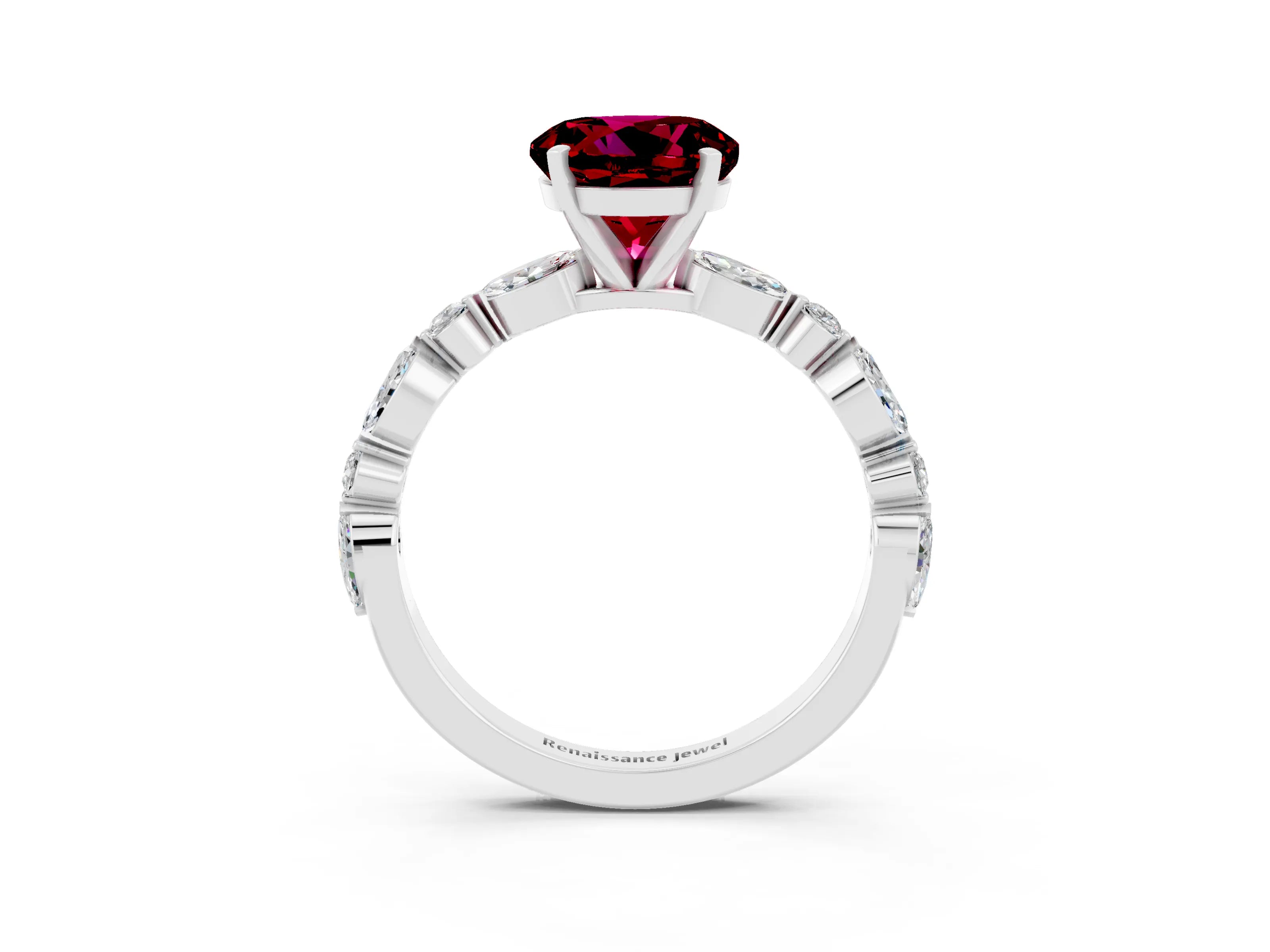 White gold Round Cut Garnet Solitaire with Side Stones on a Pavé Band and Four-Prong Setting_3