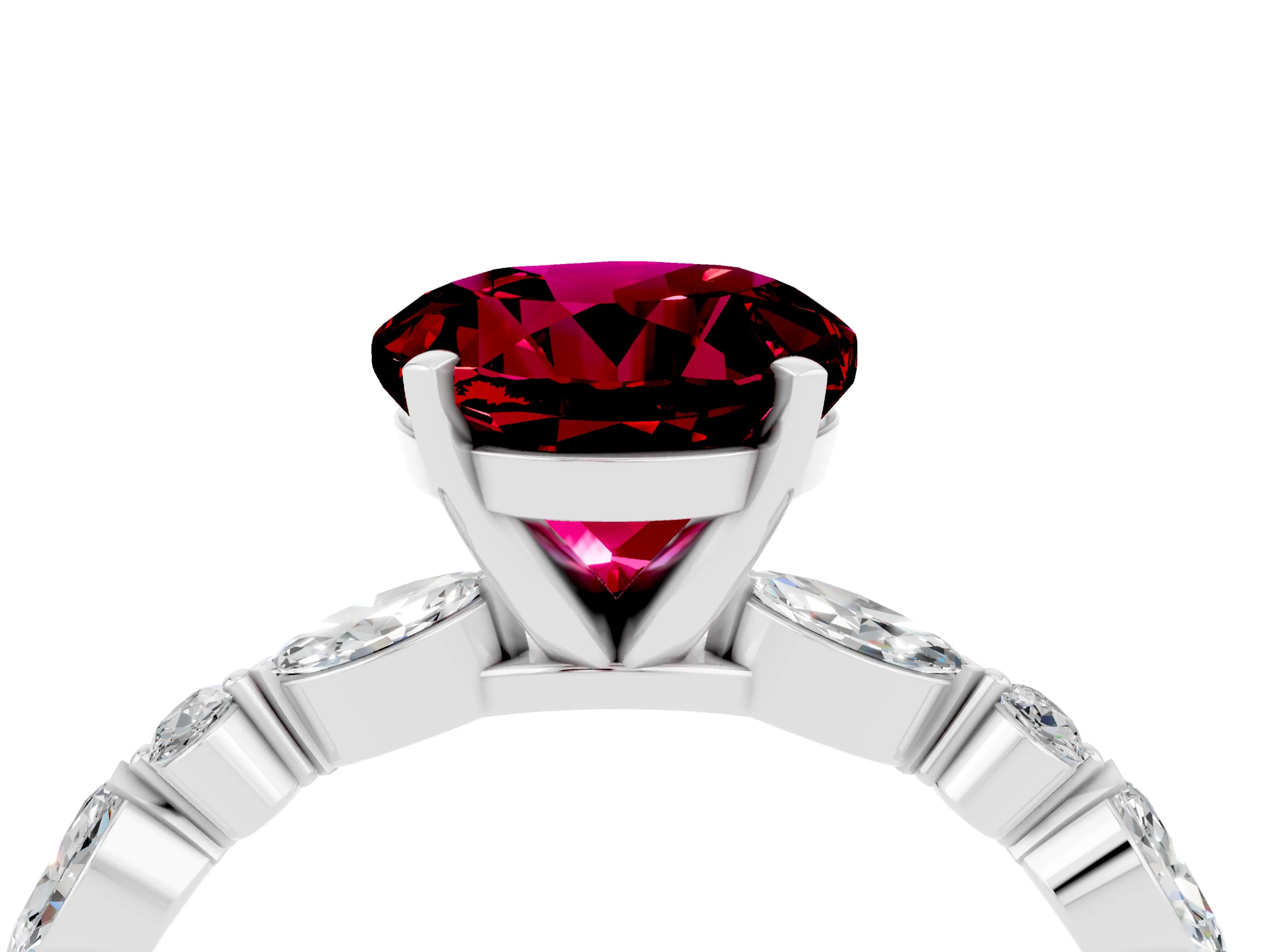 White gold Round Cut Garnet Solitaire with Side Stones on a Pavé Band and Four-Prong Setting_4