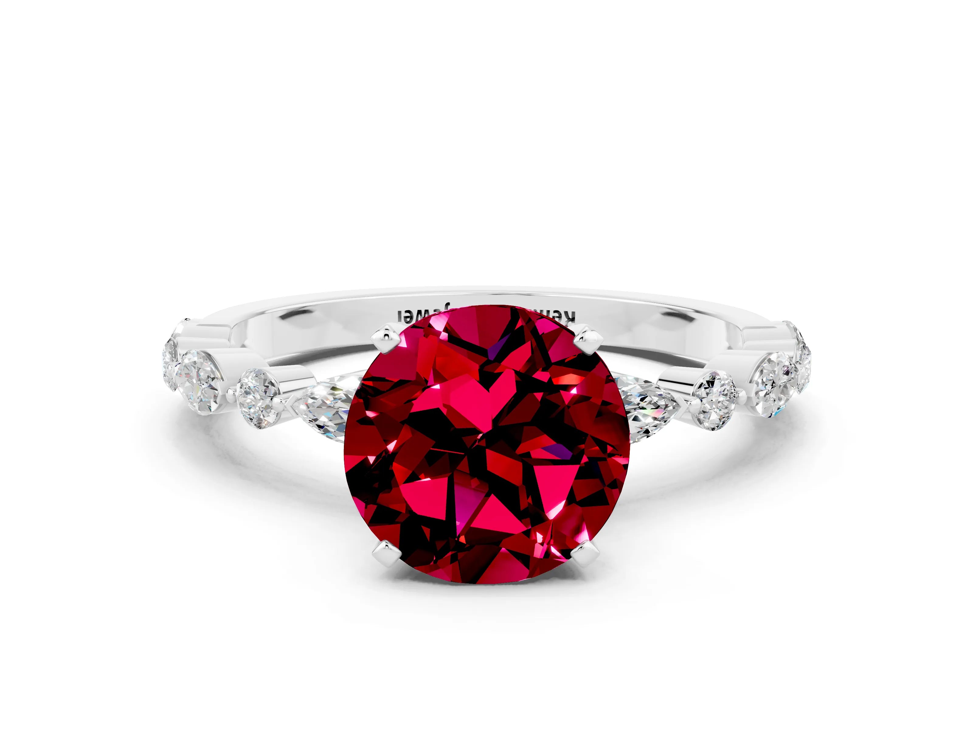 White gold Round Cut Garnet Solitaire with Side Stones on a Pavé Band and Four-Prong Setting