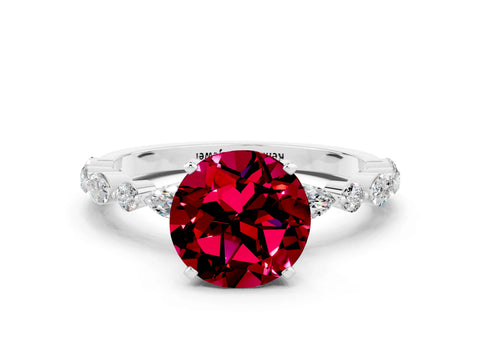 White gold Round Cut Garnet Solitaire with Side Stones on a Pavé Band and Four-Prong Setting