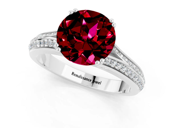 Silver Round Cut Garnet Split Shank Engagement Ring with Pavé Band