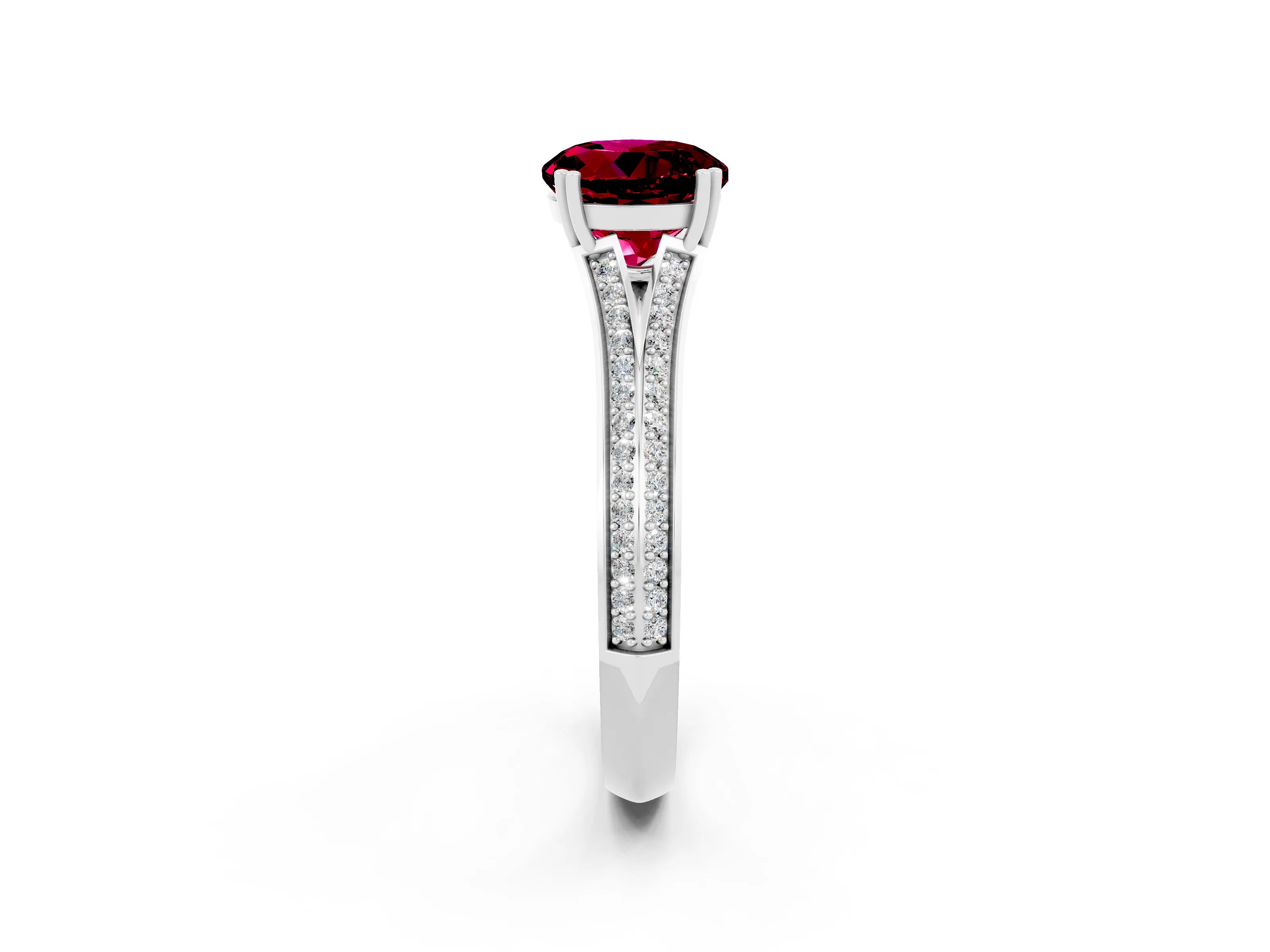 White gold Round Cut Garnet Split Shank Engagement Ring with Pavé Band_2