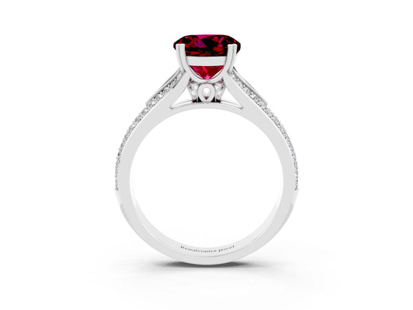 Silver Round Cut Garnet Split Shank Engagement Ring with Pavé Band