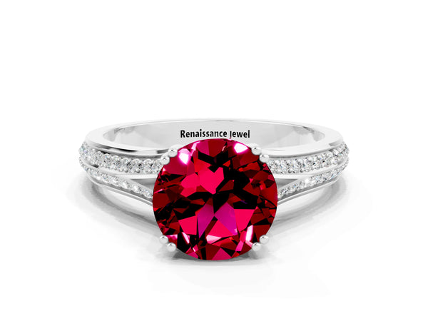 White gold Round Cut Garnet Split Shank Engagement Ring with Pavé Band