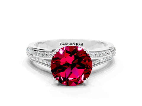 White gold Round Cut Garnet Split Shank Engagement Ring with Pavé Band