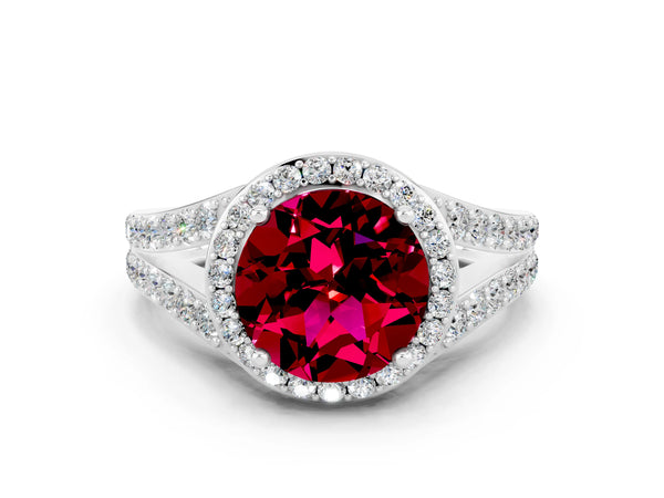 Platinum Round Cut Garnet Split Shank Halo Ring with Four-Prong Setting