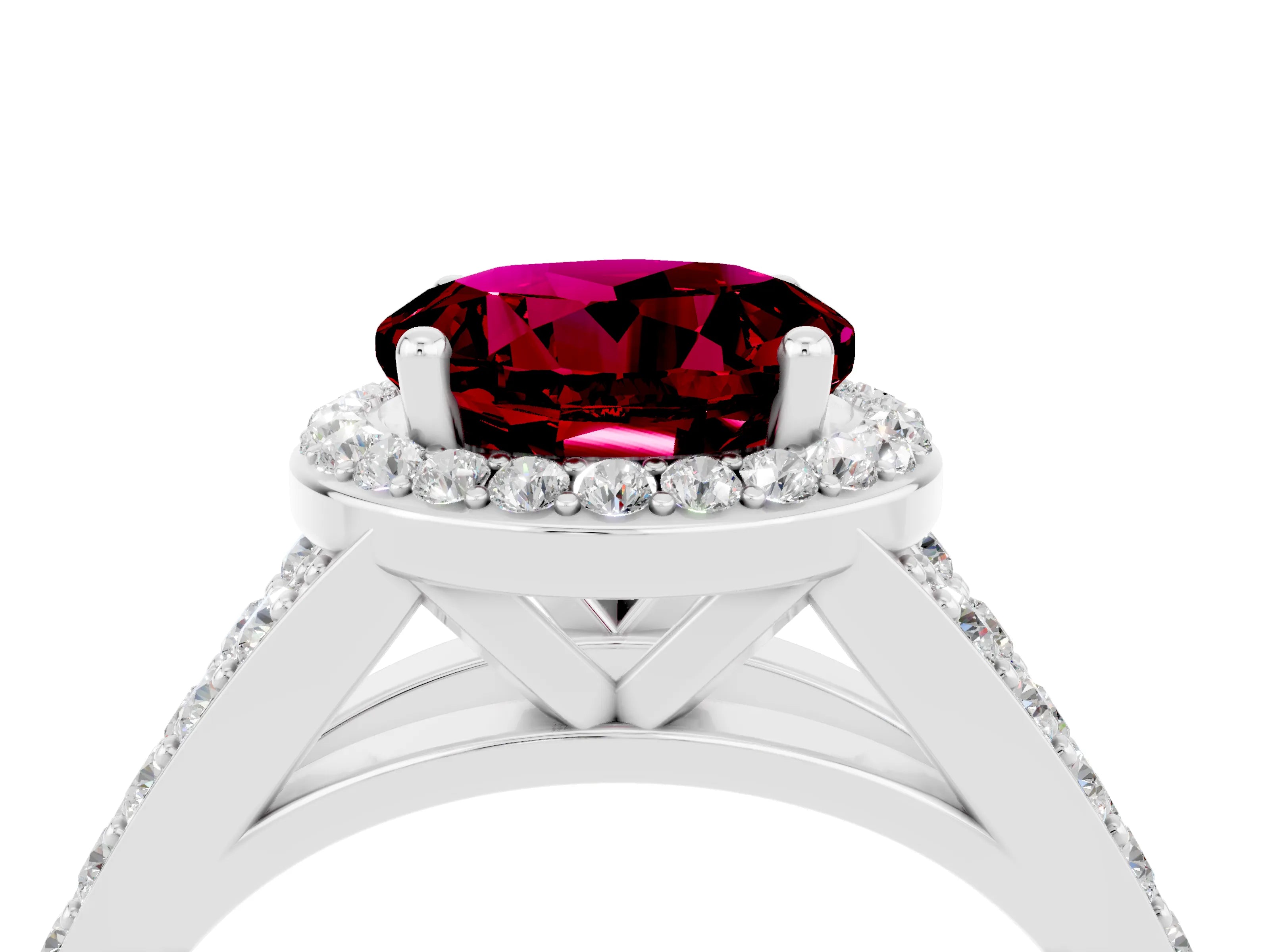 White gold Round Cut Garnet Split Shank Halo Ring with Four-Prong Setting_16
