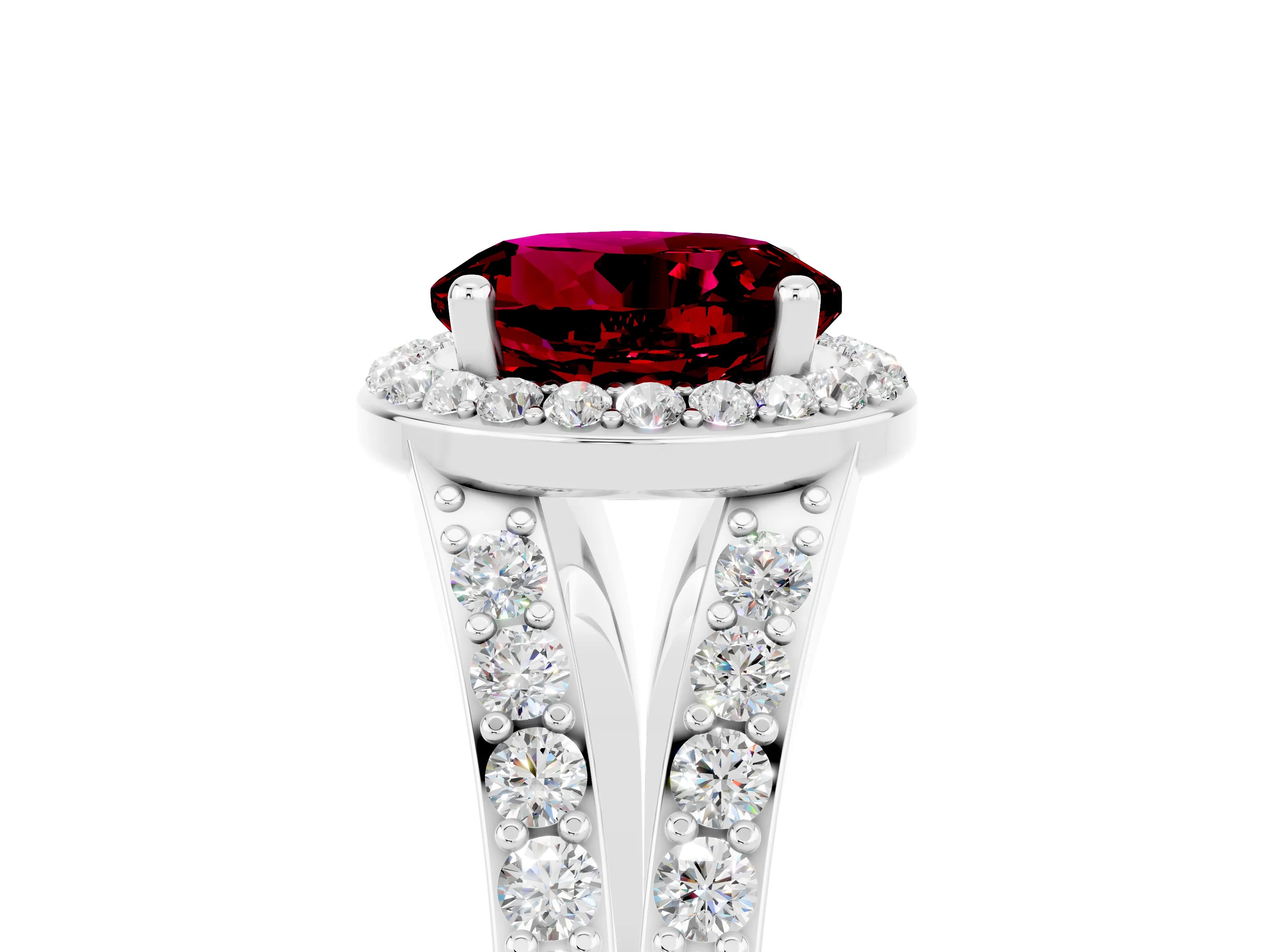White gold Round Cut Garnet Split Shank Halo Ring with Four-Prong Setting_17