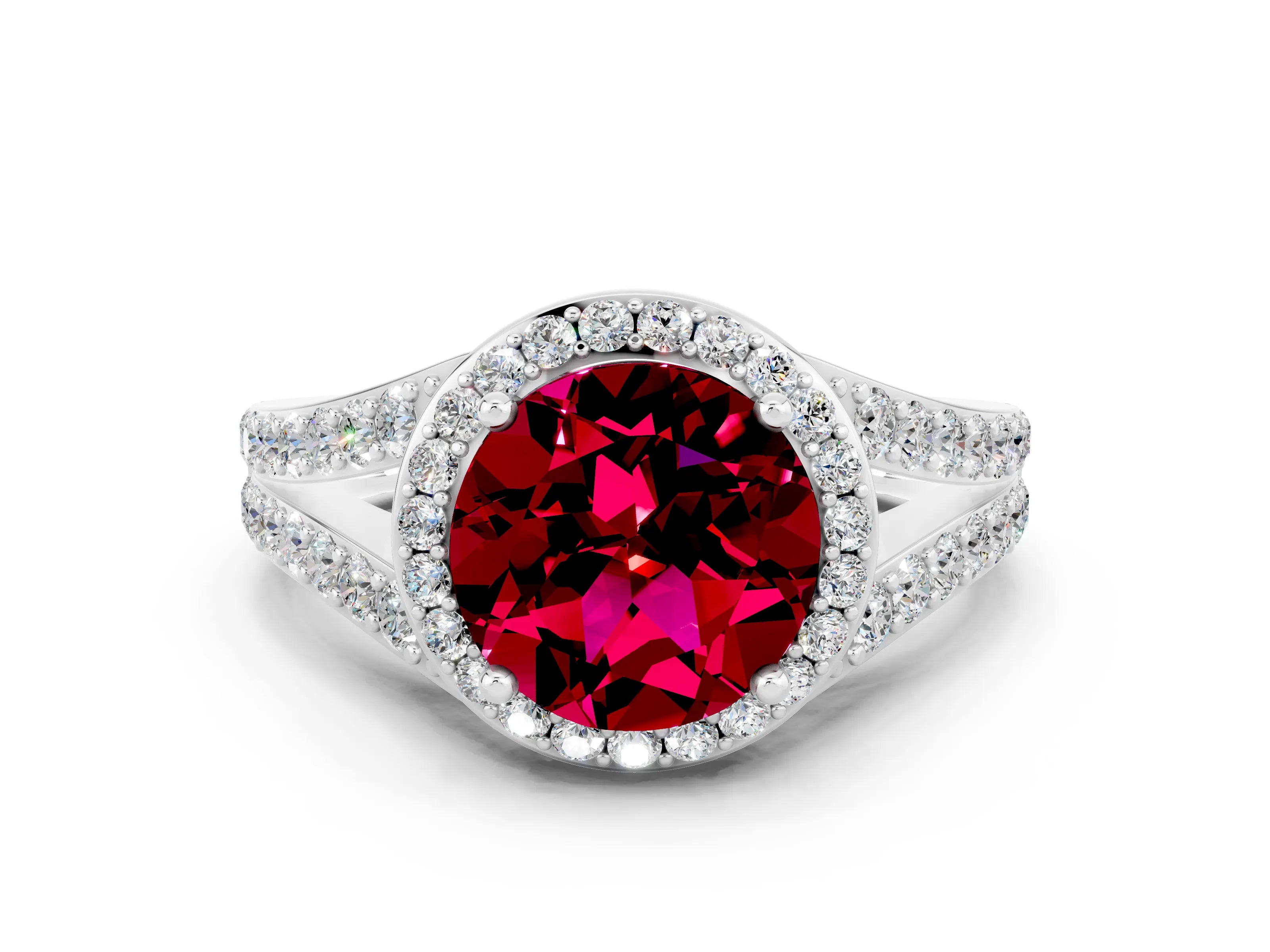 White gold Round Cut Garnet Split Shank Halo Ring with Four-Prong Setting_24