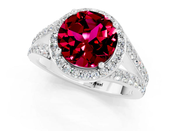 White gold Round Cut Garnet Split Shank Halo Ring with Four-Prong Setting