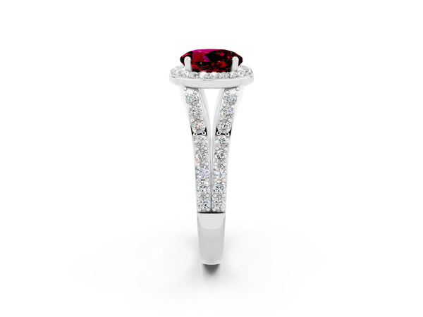 White gold Round Cut Garnet Split Shank Halo Ring with Four-Prong Setting
