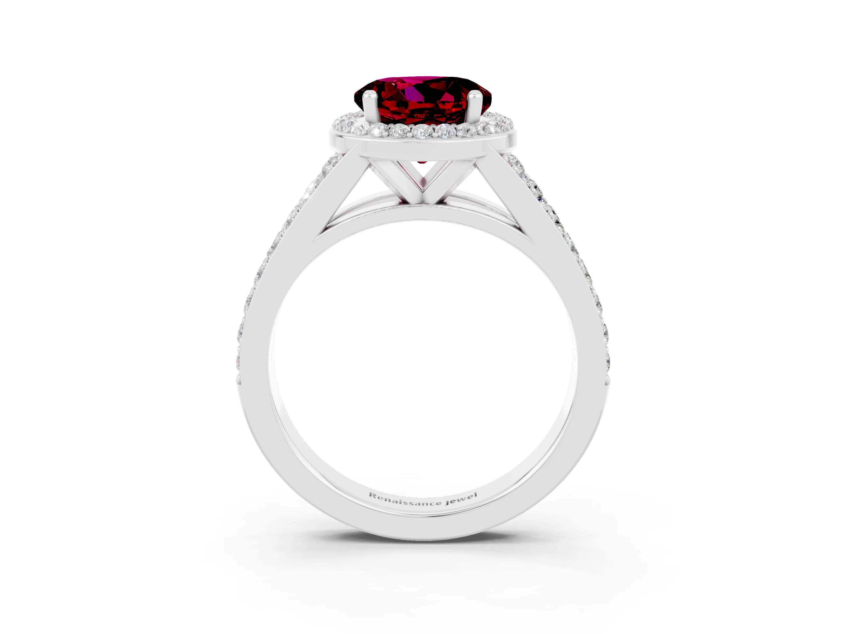 White gold Round Cut Garnet Split Shank Halo Ring with Four-Prong Setting_27
