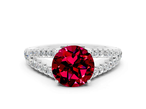 White gold Round Cut Garnet Split Shank Pavé Engagement Ring with Four-Prong Setting