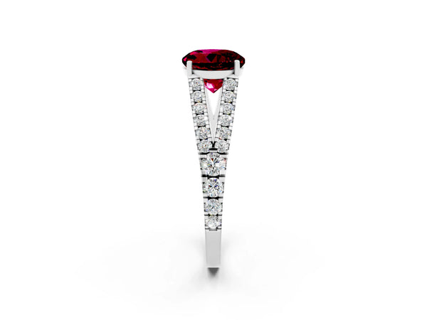 Platinum Round Cut Garnet Split Shank Pavé Engagement Ring with Four-Prong Setting