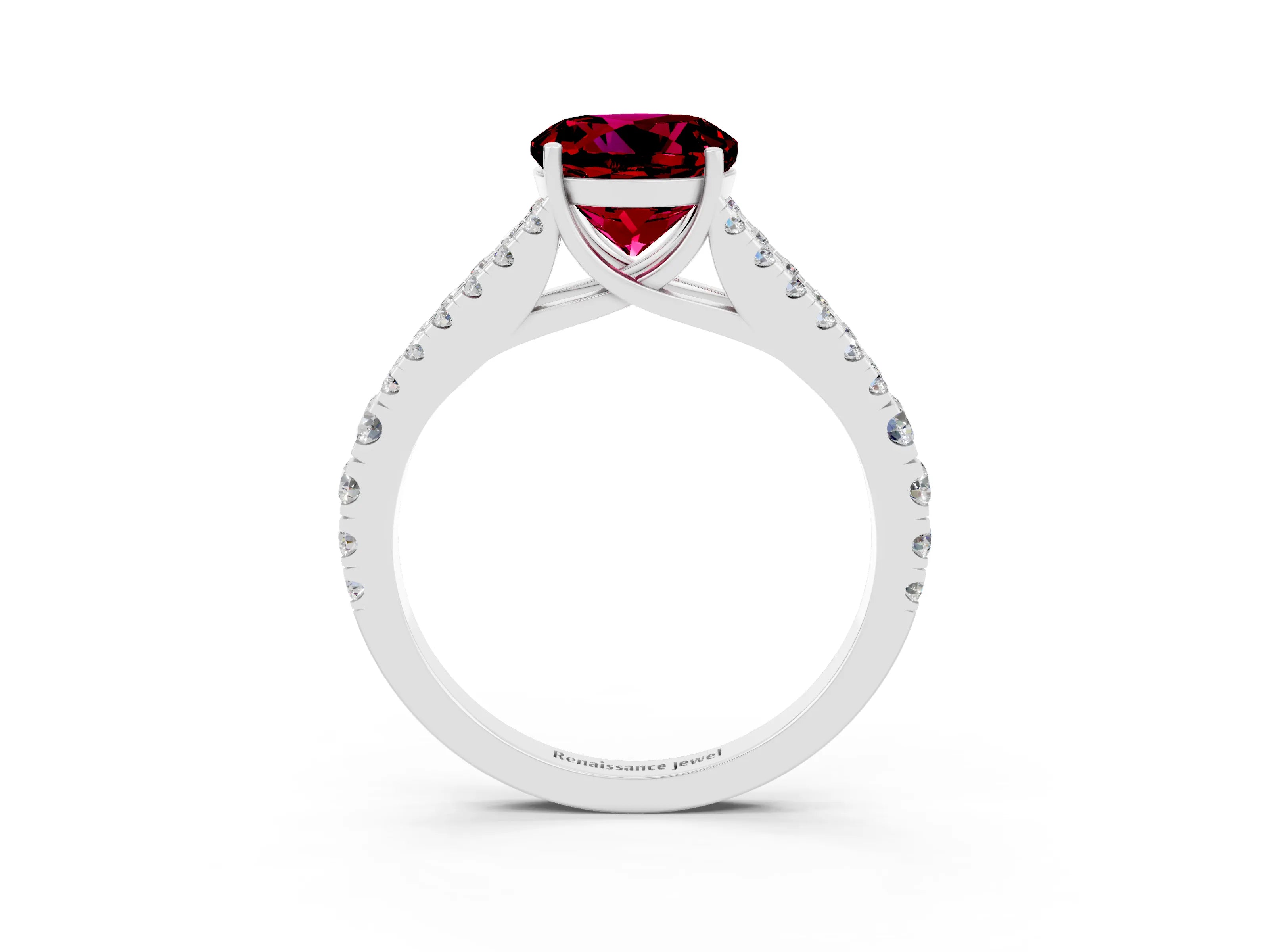 White gold Round Cut Garnet Split Shank Pavé Engagement Ring with Four-Prong Setting_15