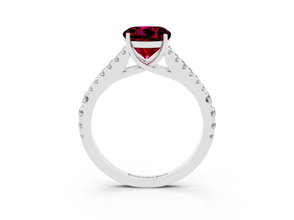 Silver Round Cut Garnet Split Shank Pavé Engagement Ring with Four-Prong Setting