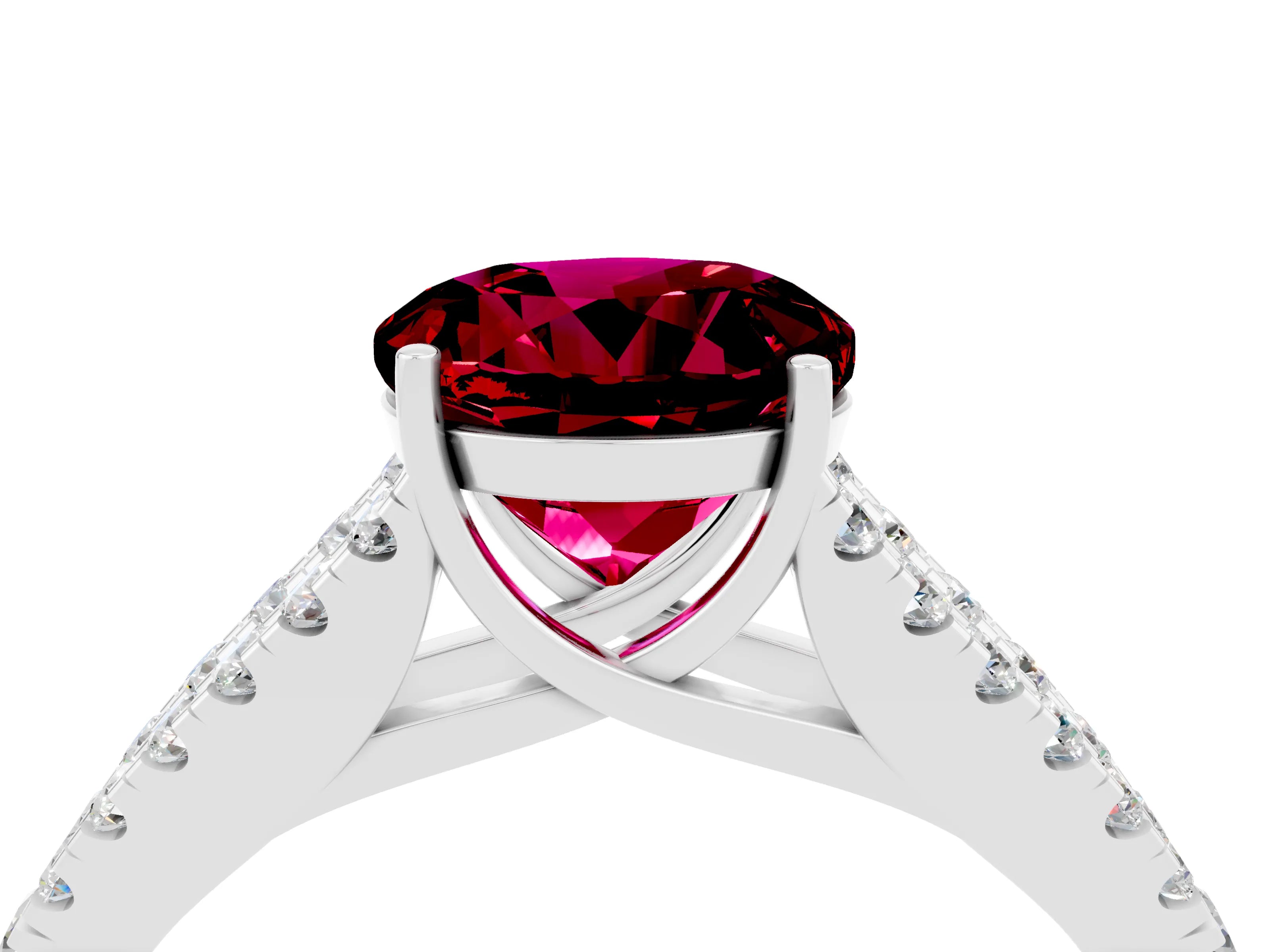 White gold Round Cut Garnet Split Shank Pavé Engagement Ring with Four-Prong Setting_16