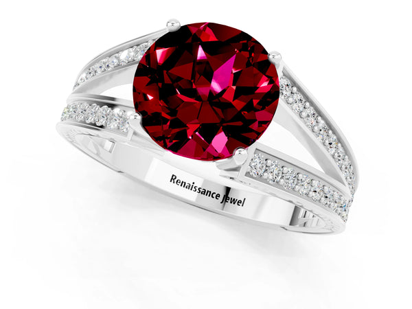 Platinum Round Cut Garnet Split Shank Ring with Pavé Band and Four-Prong Setting