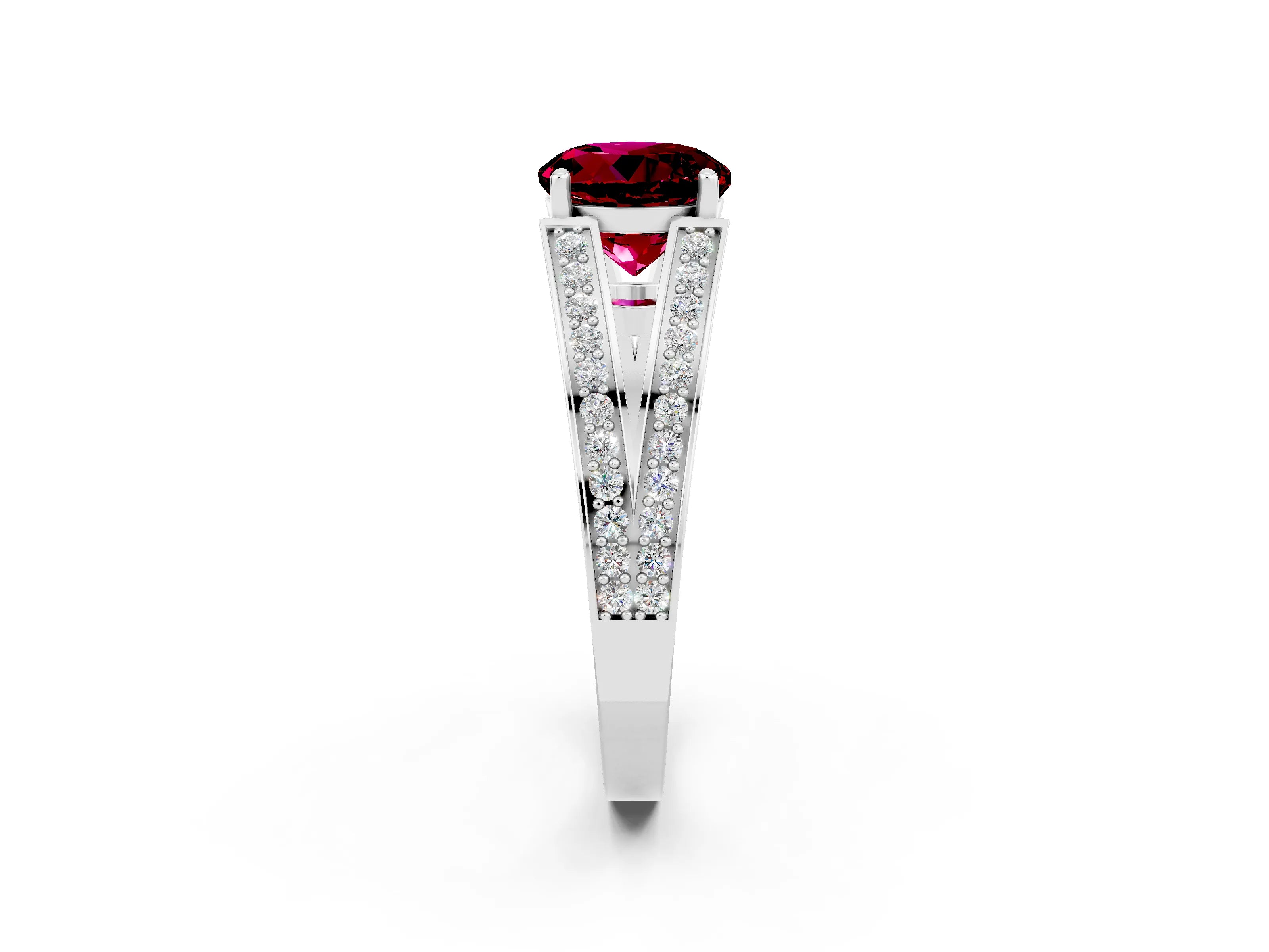 White gold Round Cut Garnet Split Shank Ring with Pavé Band and Four-Prong Setting_2