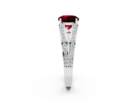 White gold Round Cut Garnet Split Shank Ring with Pavé Band and Four-Prong Setting_2