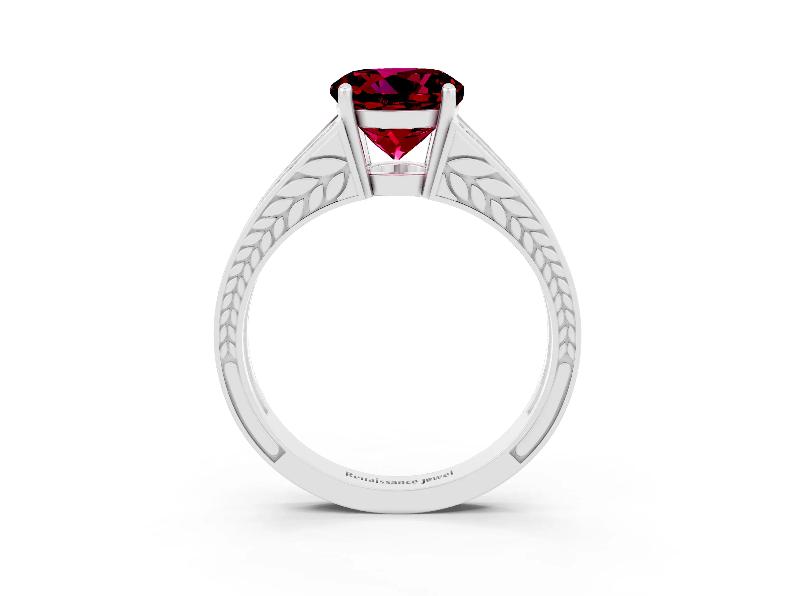 White gold Round Cut Garnet Split Shank Ring with Pavé Band and Four-Prong Setting_3
