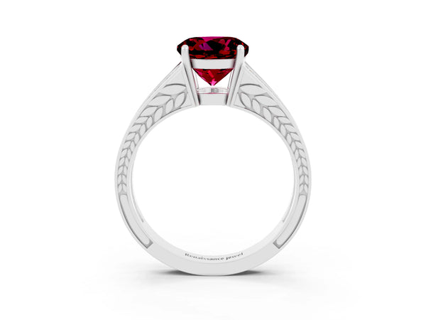 Platinum Round Cut Garnet Split Shank Ring with Pavé Band and Four-Prong Setting