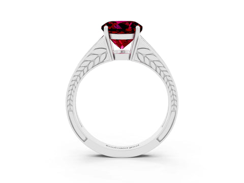 White gold Round Cut Garnet Split Shank Ring with Pavé Band and Four-Prong Setting_3