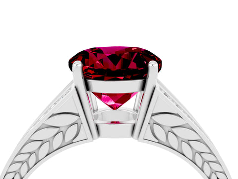 White gold Round Cut Garnet Split Shank Ring with Pavé Band and Four-Prong Setting_4