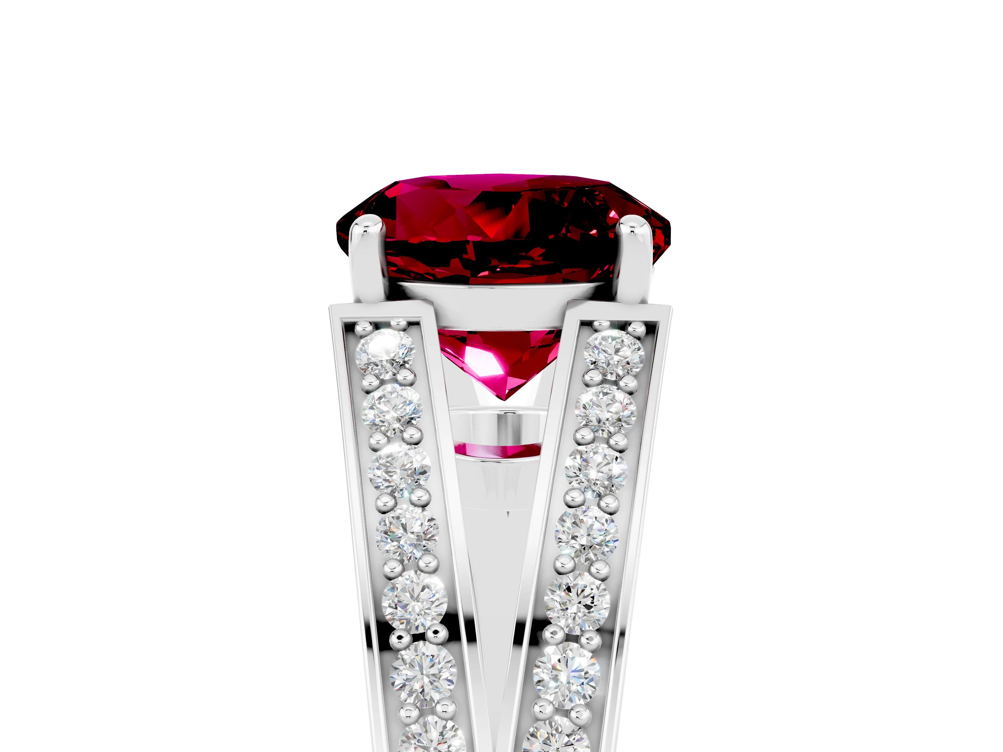 White gold Round Cut Garnet Split Shank Ring with Pavé Band and Four-Prong Setting_5