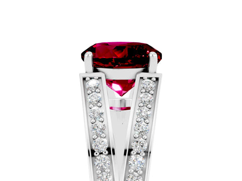 White gold Round Cut Garnet Split Shank Ring with Pavé Band and Four-Prong Setting_5