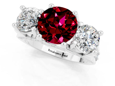 White gold Round Cut Garnet Three-Stone Ring with Channel Set Band and Four-Prong Setting_1