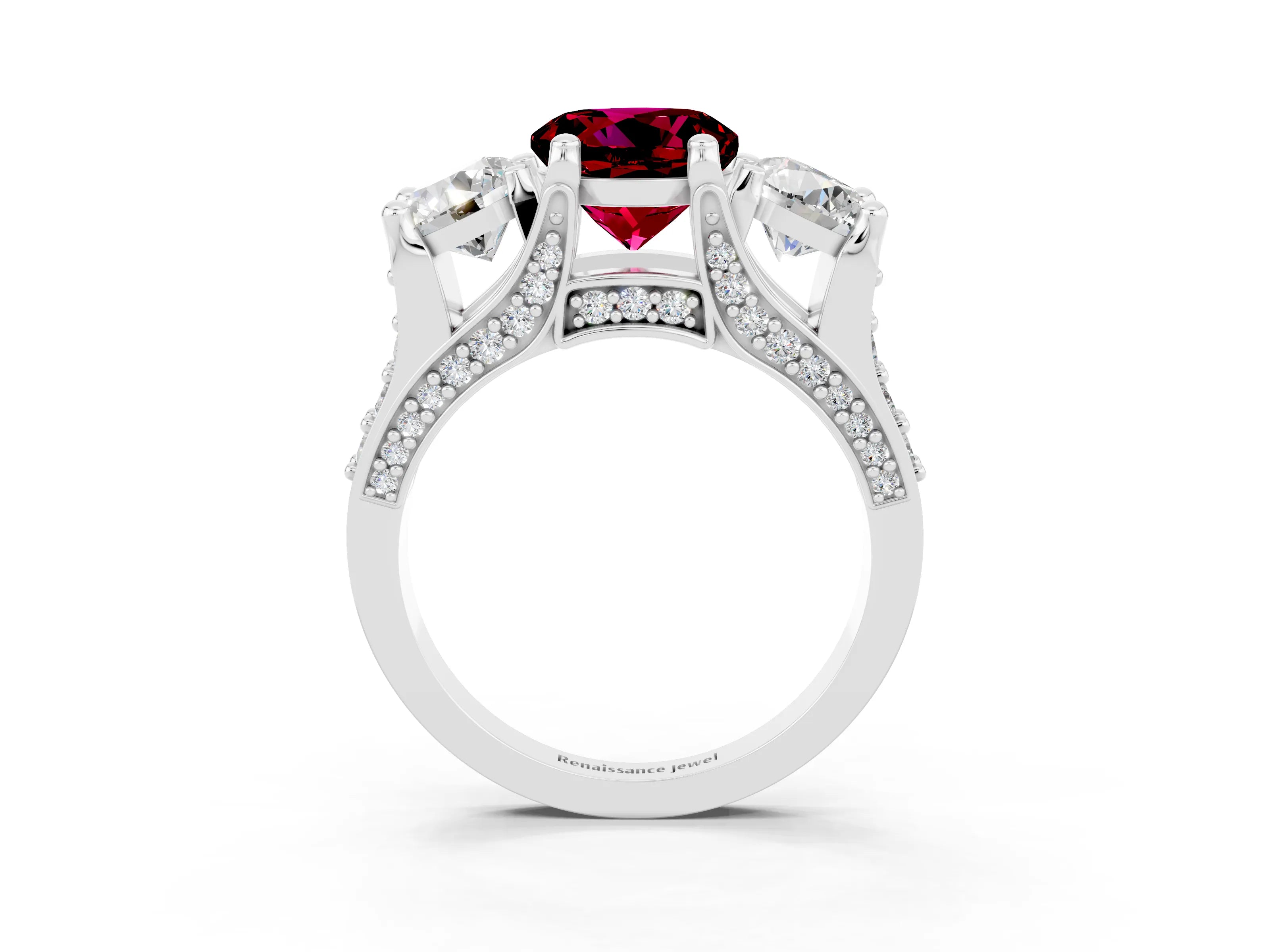 White gold Round Cut Garnet Three-Stone Ring with Channel Set Band and Four-Prong Setting_3